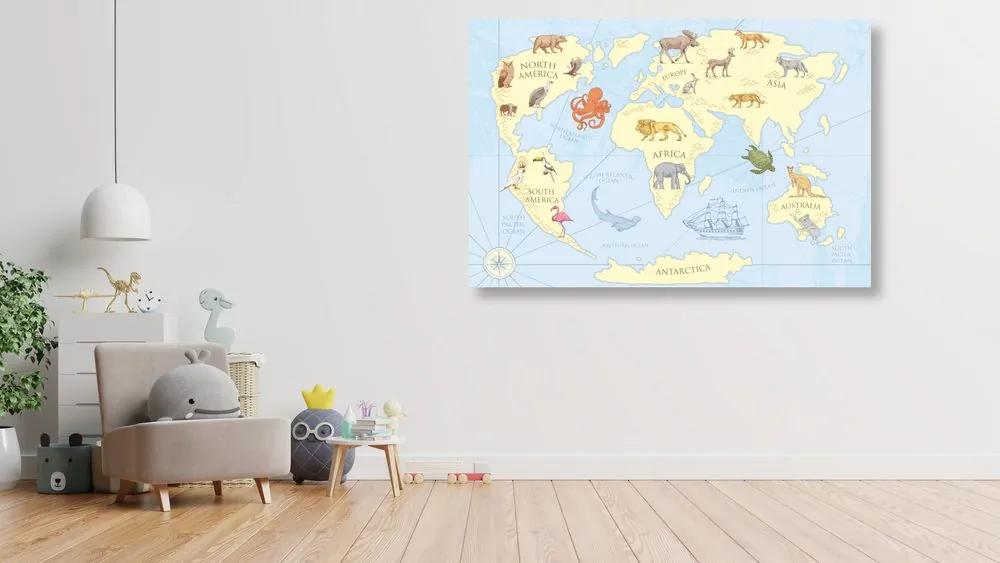 Εικόνα στον παγκόσμιο χάρτη φελλού με τα ζώα - 90x60  wooden