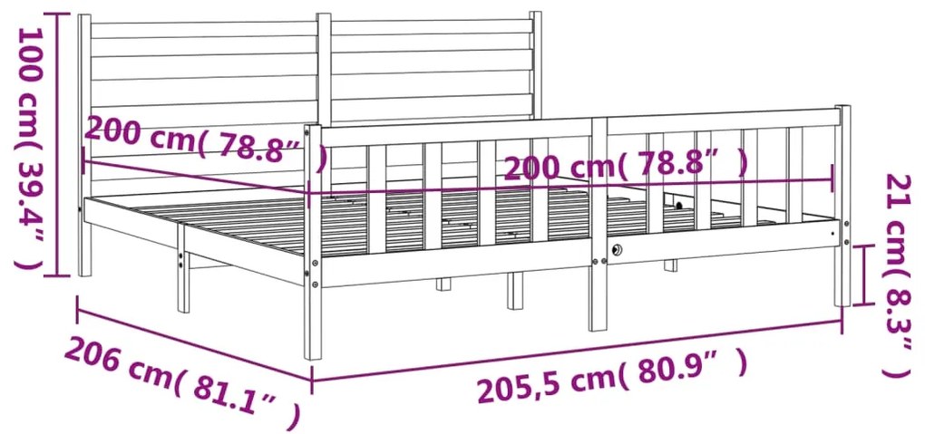 Πλαίσιο Κρεβατιού με Κεφαλάρι Γκρι 200x200 εκ. Μασίφ Ξύλο - Γκρι