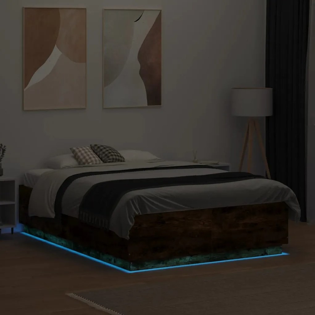 vidaXL Πλαίσιο Κρεβατιού με LED Καπνιστή δρυς120x190εκ.Επεξ. Ξύλο