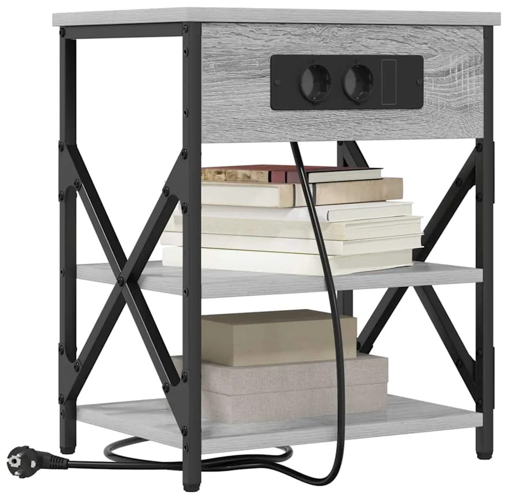 vidaXL Κομοδίνο με Σταθμό Φόρτισης με ράφι 2 pcs Γκρι sonoma