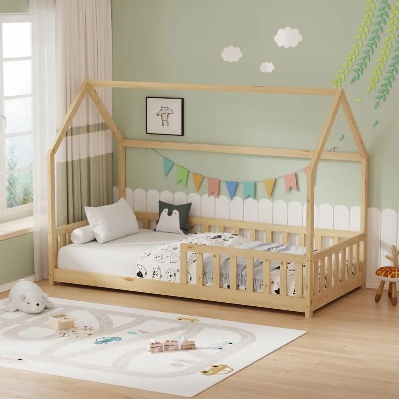 Κρεβάτι παιδικό Callan τύπου Montessori με κιγκλίδωμα ξύλο πεύκου φυσικό 90x190 εκ. 97x190x140.5 εκ.