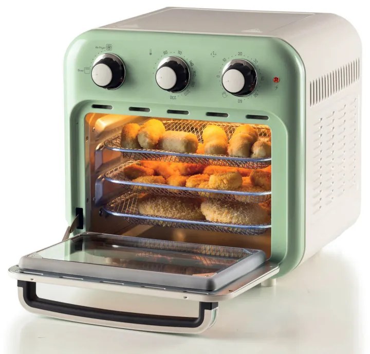 Φριτέζα-φούρνος ζεστού αέρα Ariete VINTAGE 4632/04, 1400W, 16 l, Μέχρι 230C, Χρονοδιακόπτης 60 min, Περιστρεφόμενο καλάθι, Λευκό/Πράσινο