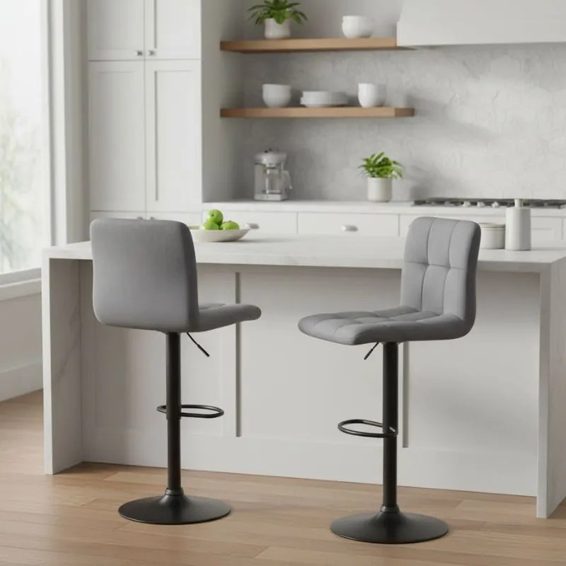 Σκαμπό μπαρ Carmelo Megapap με ρυθμιζόμενο ύψος βελούδο γκρι - βάση μαύρο ματ 45x42x90/113εκ.