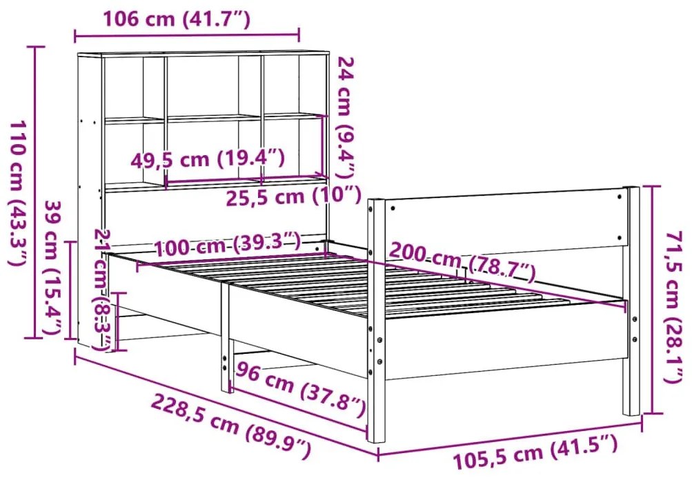 Κρεβάτι Βιβλιοθήκη Χωρίς Στρώμα 100x200 εκ Μασίφ Ξύλο Πεύκου - Καφέ