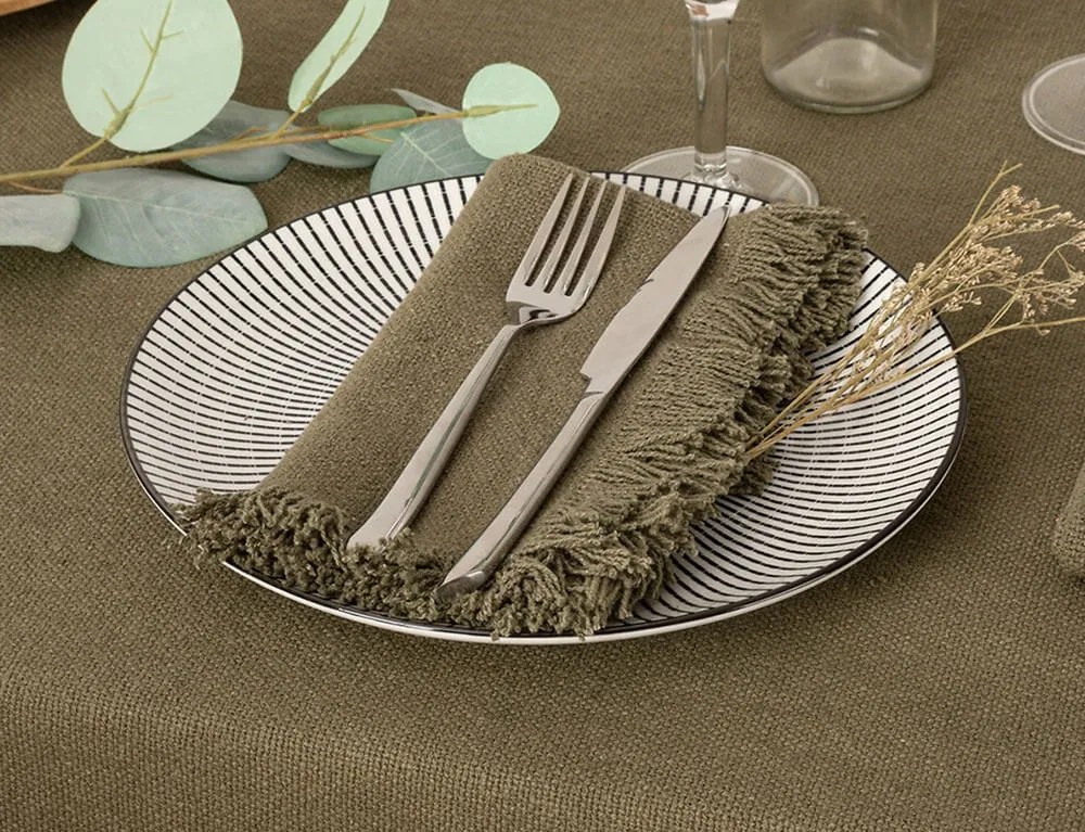 Σετ Πετσέτες φαγητού Maha Atmosphera με κρόσσια και διαστάσεις 40x40cm - Khaki green - 2 τεμάχια