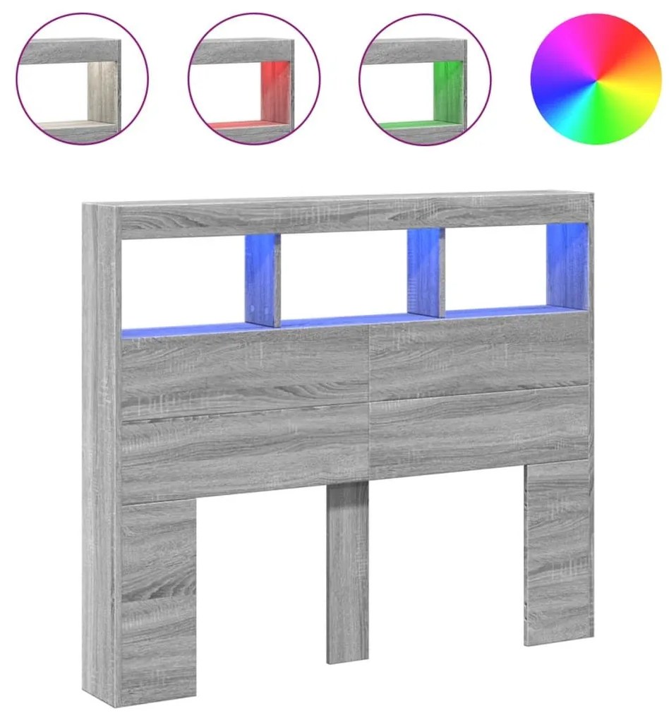 Κεφαλάρι με Αποθηκ. Χώρο &amp; LED Γκρι Sonoma 120x17x102 εκ. - Γκρι