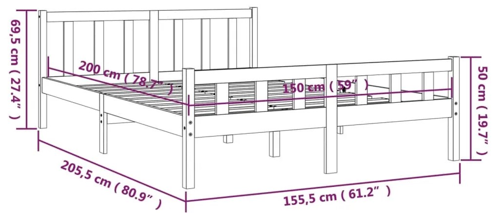 Πλαίσιο Κρεβατιού Μαύρο 150 x 200 εκ. Μασίφ Ξύλο King Size - Μαύρο