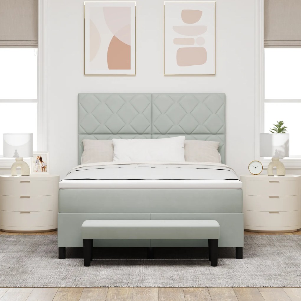 vidaXL Κρεβάτι Box Spring με Στρώμα & Πάγκο Ανοιχτό Γκρι 140x190 εκ. Βελούδο