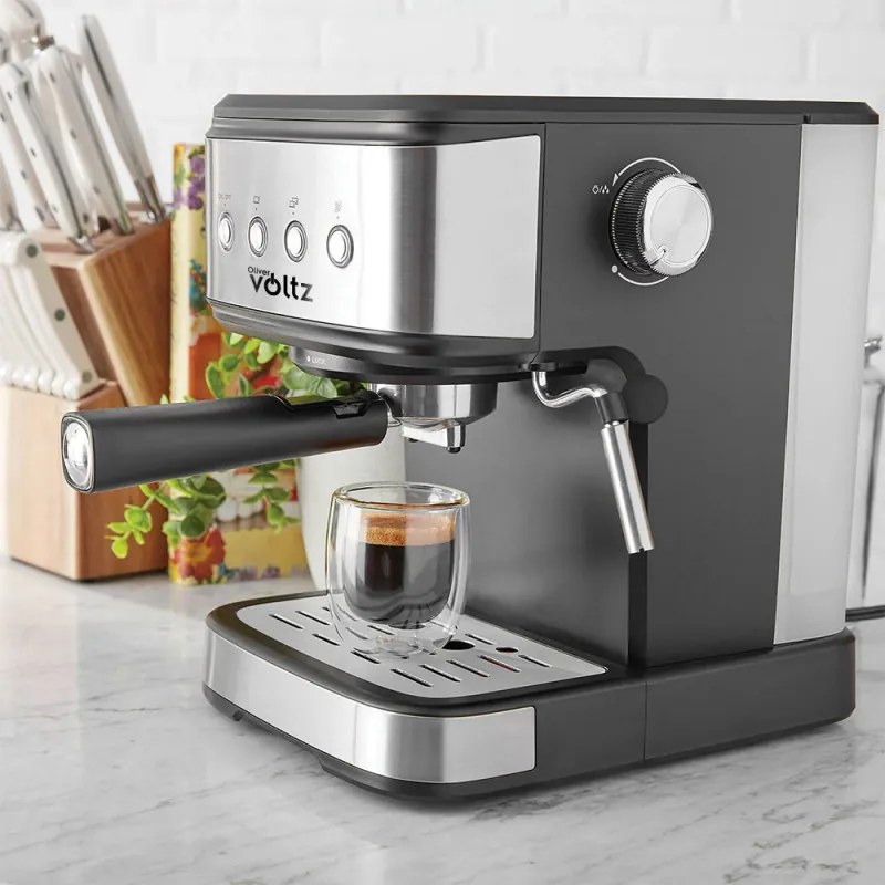 Μηχανή Espresso Оliver Voltz OV51171F, 1.2 l, 20 bar, 1100W, ανοξείδωτο φίλτρο, για κρέμα με άψογο χρώμα, Μαύρο/Inox