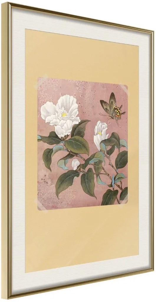 Αφίσα - Rhododendron and Butterfly - 40x60 - Χρυσό - Με πασπαρτού