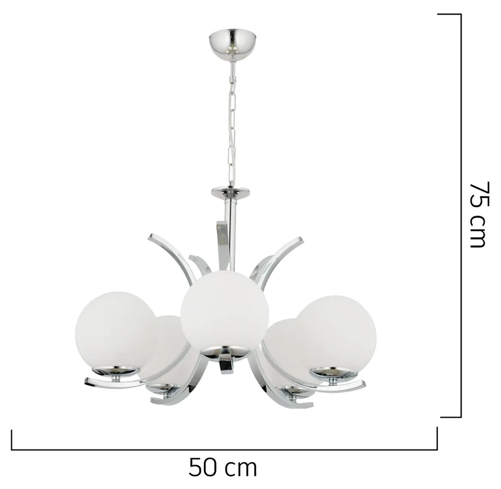 Φωτιστικό Κρεμαστό LACERTA Πεντάφωτο Ασημί/Λευκό Μέταλλο/Γυαλί 50x75cm - 14780196