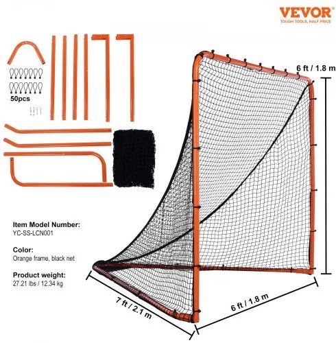 VEVOR Lacrosse Goal, 6&#039; x 6&#039; Lacrosse Net, Folding Portable Backyard Lacrosse Training Equipment, Steel Frame Training Net, Quick &amp; Easy Setup Lacrosse Goal, Perfect for Youth Adult Training, Orange
