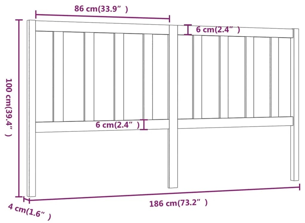 vidaXL Κεφαλάρι Κρεβατιού Μαύρο 186 x 4 x 100 εκ. Μασίφ Ξύλο Πεύκου