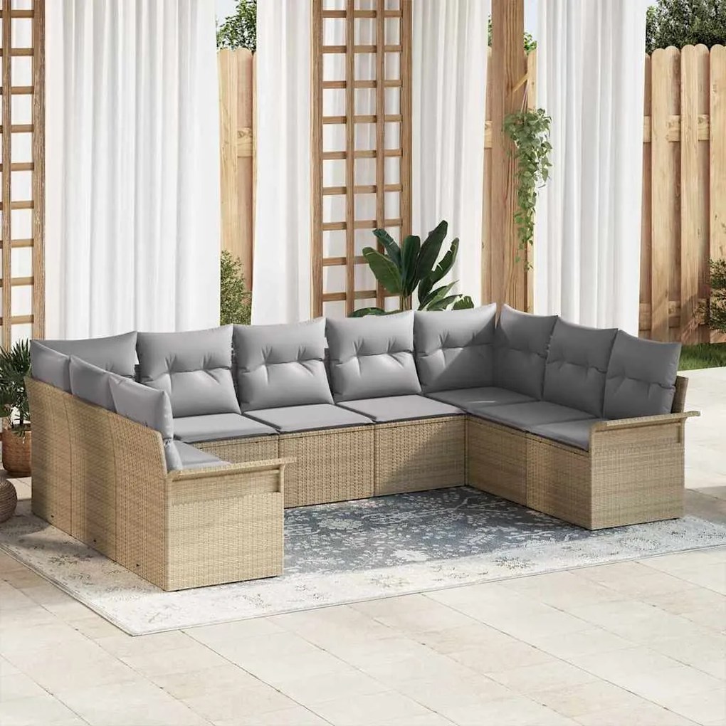 vidaXL Σετ Καναπέ Κήπου με μαξιλάρι 9 pcs Μπεζ Πολυ ράταν