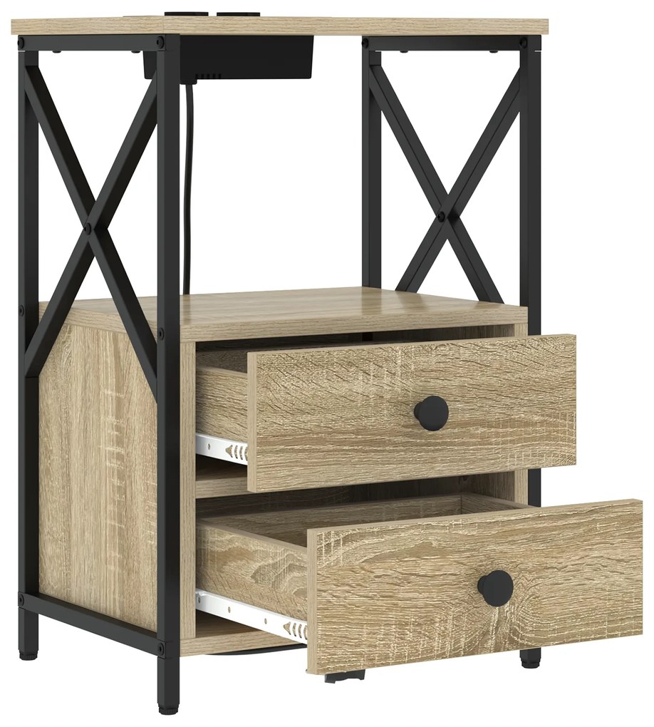 vidaXL Κομοδίνο με Σταθμό Φόρτισης με συρτάρι 2 pcs Sonoma Δρυς