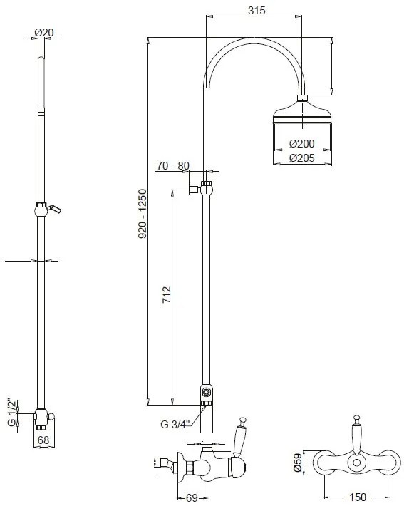 Κολώνα ντουζ Bugnatese Oxford-Μαύρο ματ