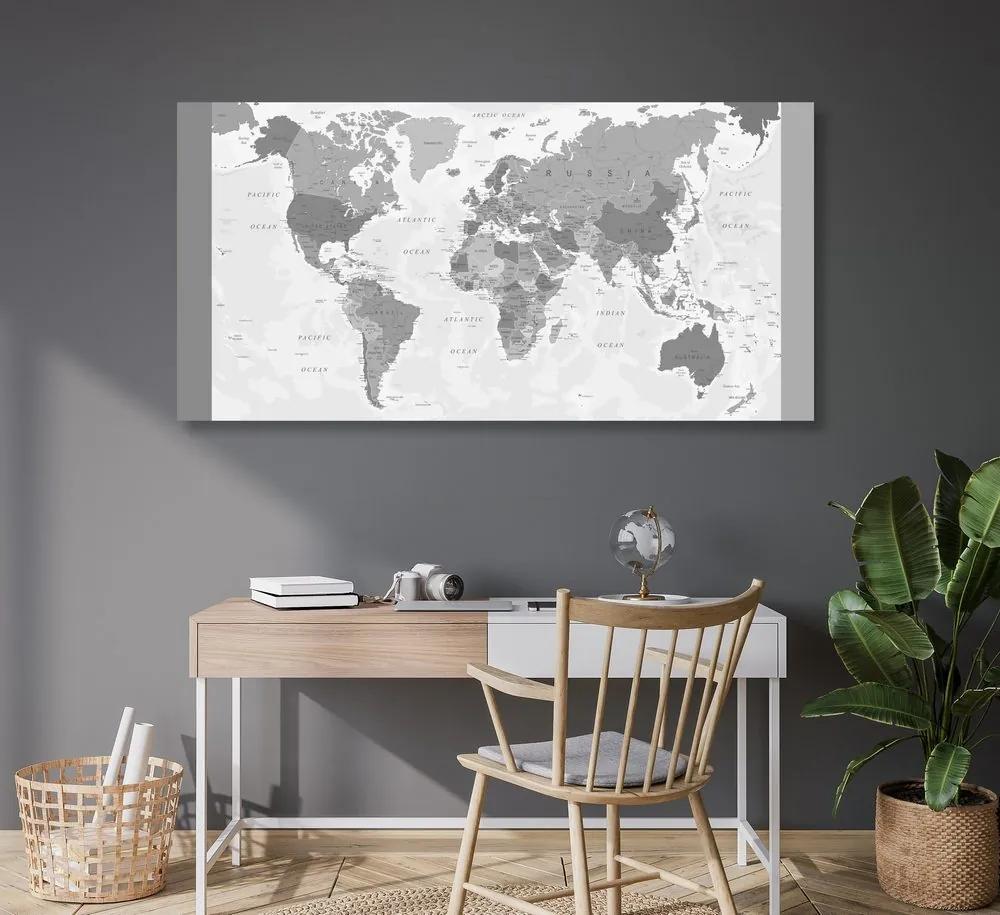 Εικόνα σε φελλό λεπτομερής παγκόσμιος χάρτης σε ασπρόμαυρο σχέδιο - 120x60  arrow