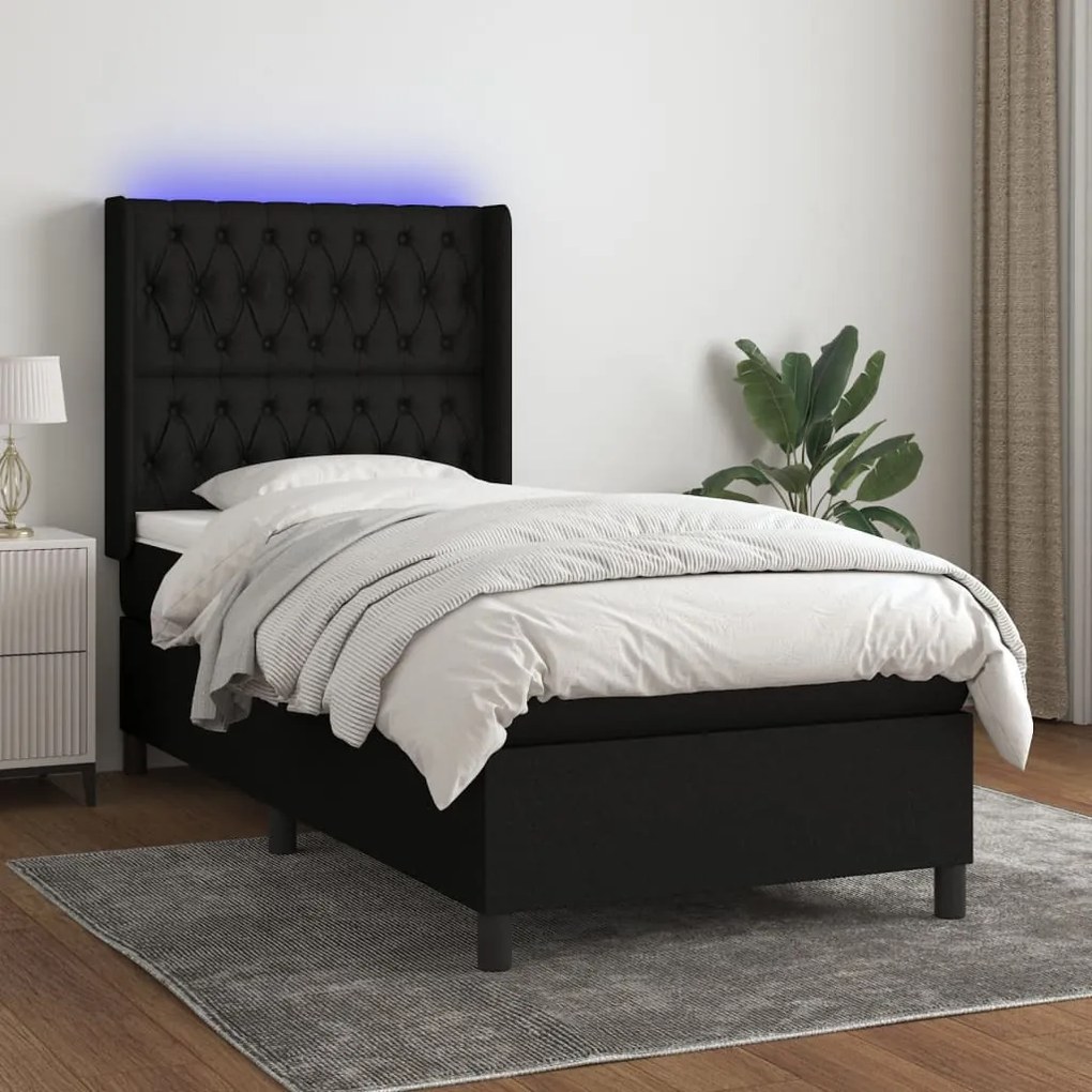 Κρεβάτι Boxspring με Στρώμα &amp; LED Μαύρο 90x200 εκ. Υφασμάτινο