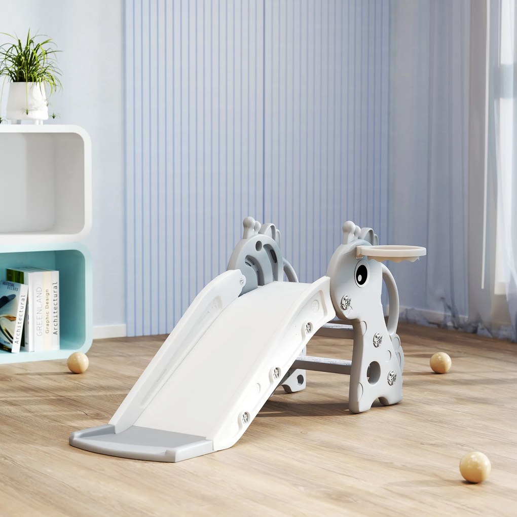 AIYAPLAY 3-σε-1 Παιδική Τσουλήθρα, Σχέδιο Καμηλοπάρδαλης, Καλάθι Μπάσκετ, Μπάλα, Γκρι