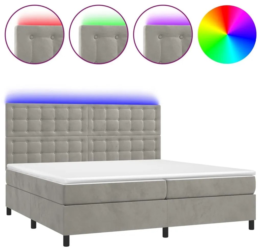 Κρεβάτι Boxspring με Στρώμα &amp; LED Αν.Γκρι 200x200 εκ. Βελούδινο - Γκρι