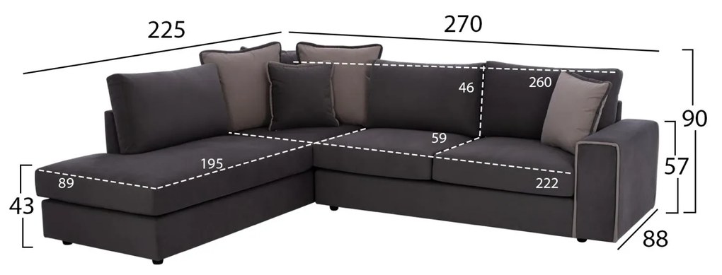 Γωνιακός Καναπές HOME C3255.01L Αριστερή γωνία Ύφασμα Αλέκιαστο Γκρί 270x225x90Υεκ. 270x225x90 εκ.