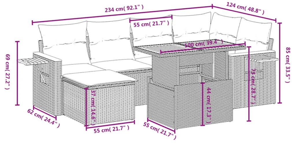vidaXL Σετ Σαλονιού Κήπου 7 τεμ. Γκρι Συνθετικό Ρατάν με Μαξιλάρια