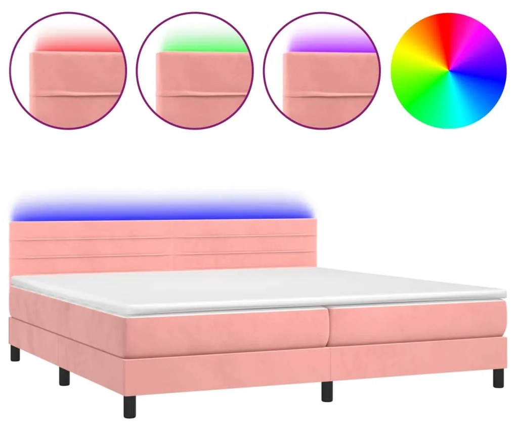 vidaXL Κρεβάτι Boxspring με Στρώμα & LED Ροζ 200x200 εκ. Βελούδινο