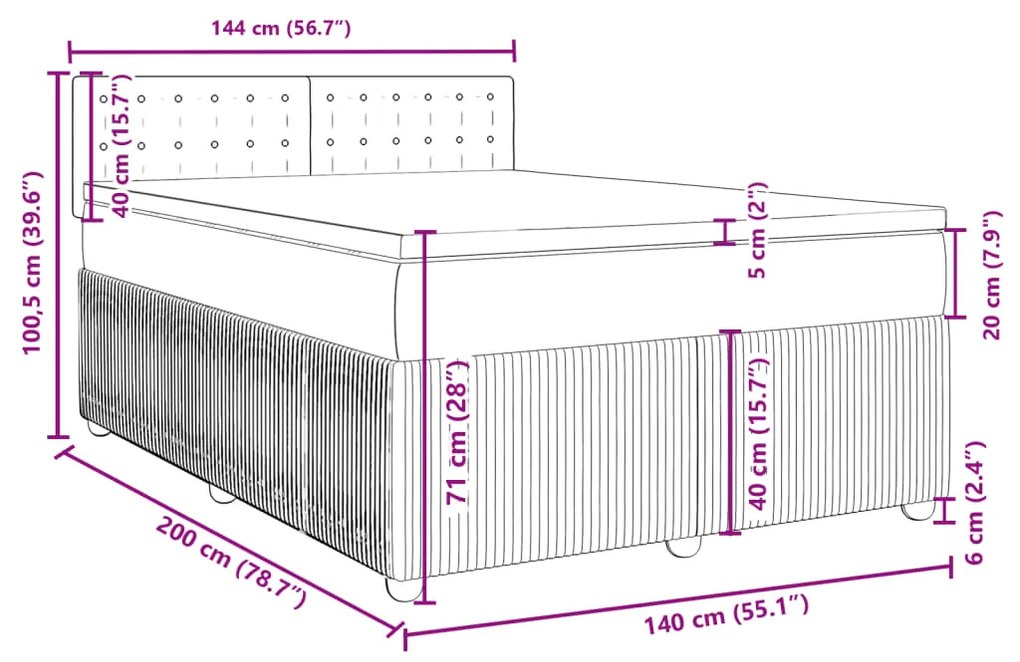 Κρεβάτι Boxspring με Στρώμα Σκούρο Γκρι 140x200 εκ. Βελούδινο - Γκρι