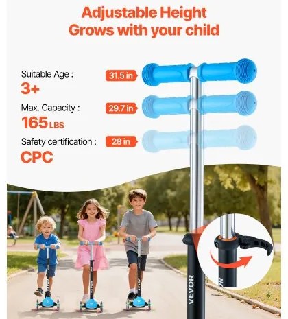 VEVOR Kick Scooter for Kids Ages 3+, 3-Wheel Toddler Scooter with Light-Up Wheels, Adjustable Height Handlebar, Wide Anti-Slip Deck, Lightweight Aluminum Frame for Boys and Girls up to 74.8 kg, Blue