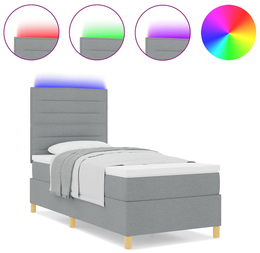 vidaXL Κρεβάτι Με Στρώμα & LED Φως Ανοιχτό Γκρι 90x200 εκ. Ύφασμα