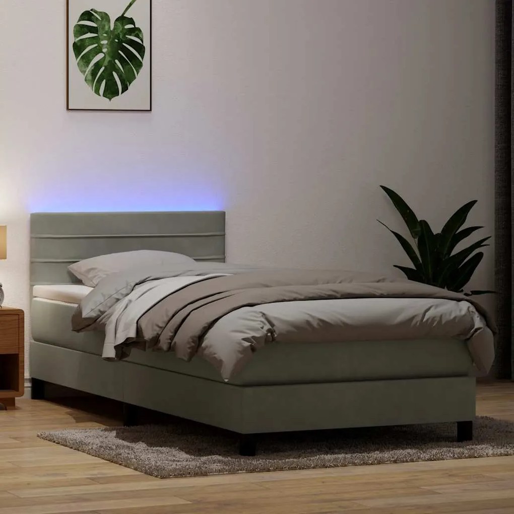 vidaXL Κρεβάτι Boxspring με Στρώμα &amp; LED ανοιχτό γκρι 90x220 εκ. Βελούδινο