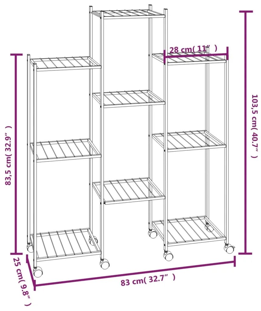 vidaXL Βάση Λουλουδιών με Ρόδες 83x25x103,5 εκ. Μαύρη Σιδερένια