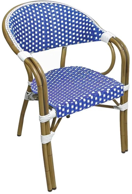 WOODWELL Ε258,3PARIS Πολυθρόνα Bistro Αλουμίνιο Φυσικό, Wicker Άσπρο - Μπλε, Στοιβαζόμενη 57x59x84cm Ε258,3