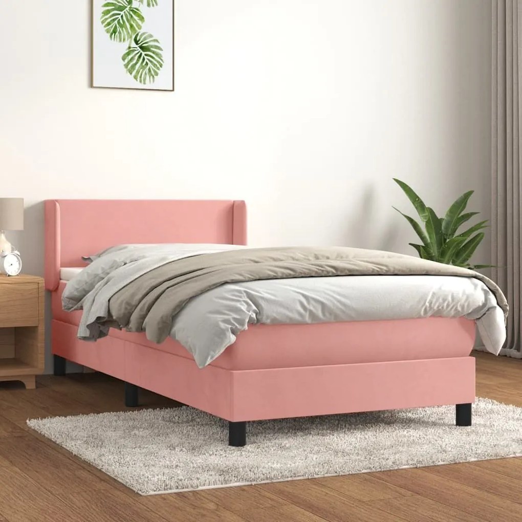 Κρεβάτι Boxspring με Στρώμα Ροζ 90x200 εκ. Βελούδινο - Ροζ