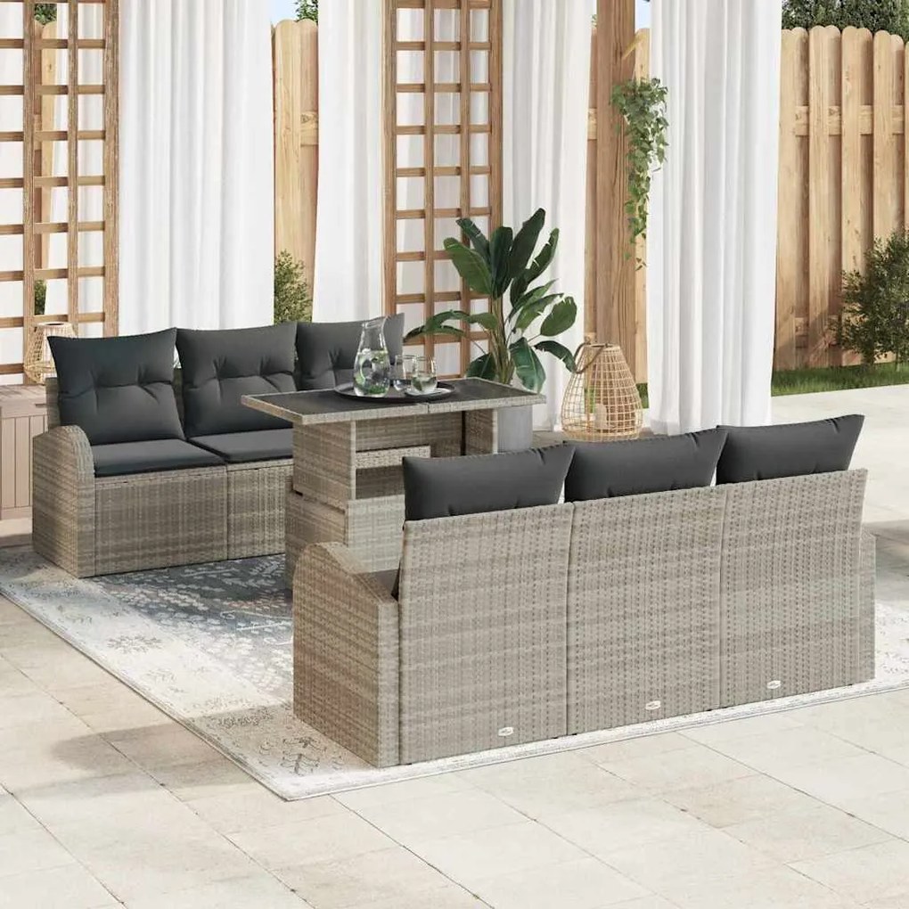 vidaXL Σετ Καναπέ Κήπου με μαξιλάρι 7 pcs Ανοιχτό γκρι Πολυ ράταν