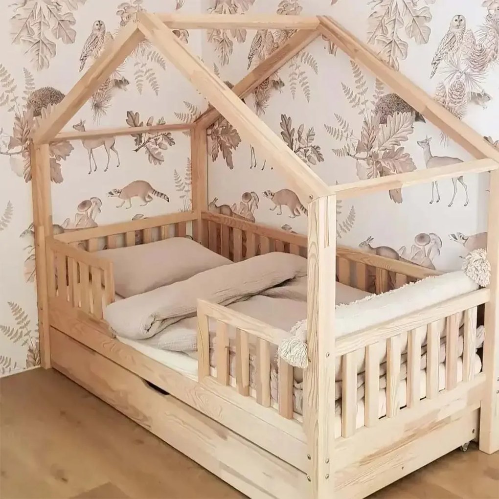 Κρεβάτι Παιδικό Montessori House Bed Duo Plus με κάγκελα 30cm  +  Συρτάρι  Ύπνου σε Φυσικό  Ξύλο  90×190cm  Luletto (Δώρο 10% έκπτωση στο Στρώμα)