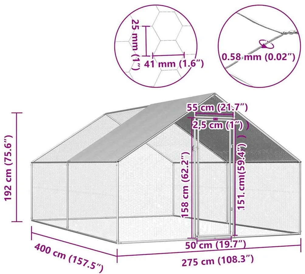 vidaXL Κοτέτσι - Κλουβί Εξωτ.Χώρου 2,75x4x1,92 μ. από Γαλβανισμένο Χάλυβα