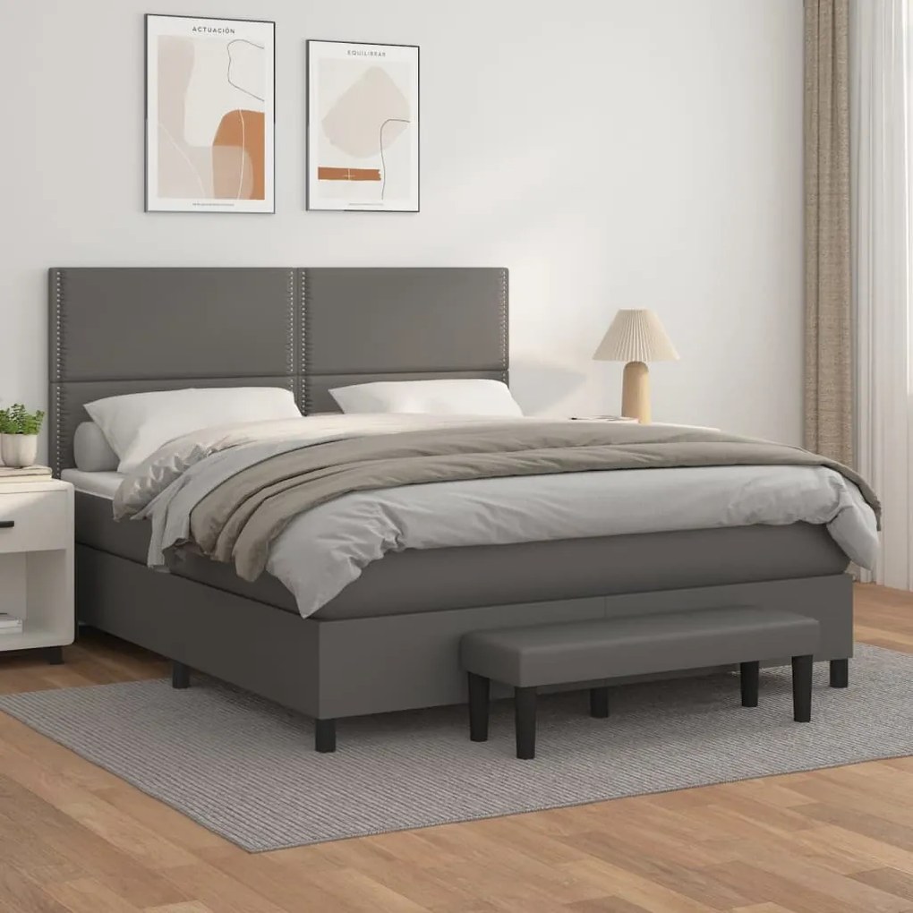 vidaXL Κρεβάτι Boxspring με Στρώμα Γκρι 160x200εκ. από Συνθετικό Δέρμα