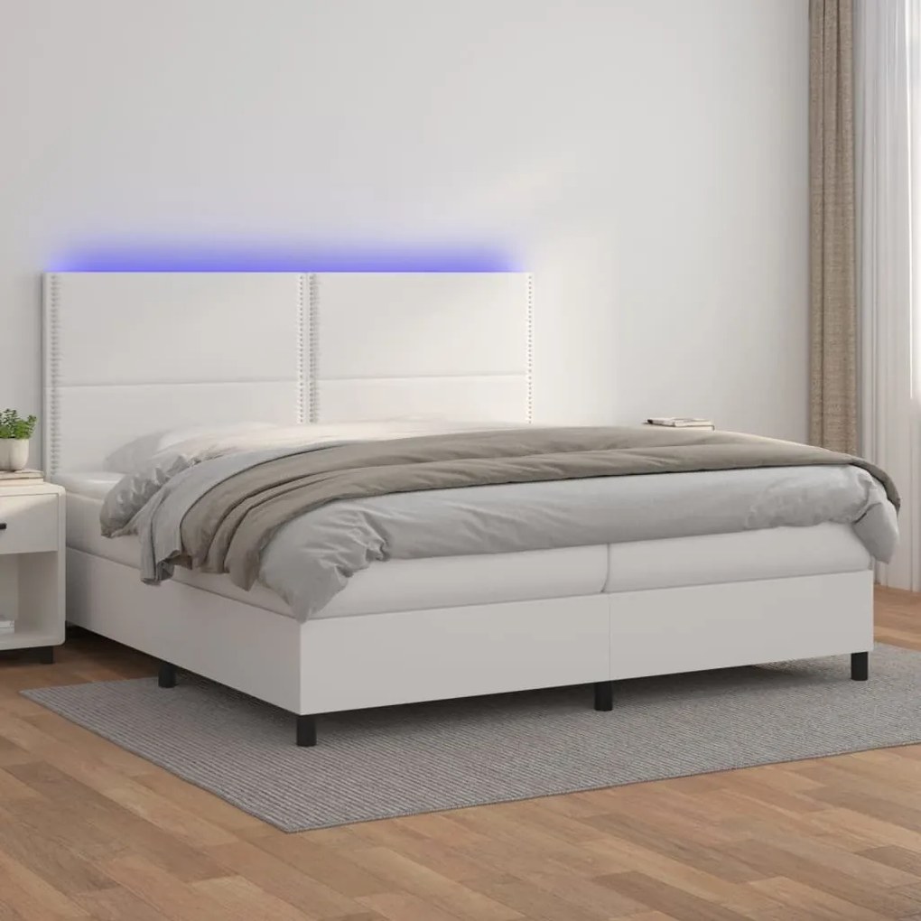 Κρεβάτι Boxspring με Στρώμα &amp; LED Λευκό 200x200 εκ. Συνθ. Δέρμα
