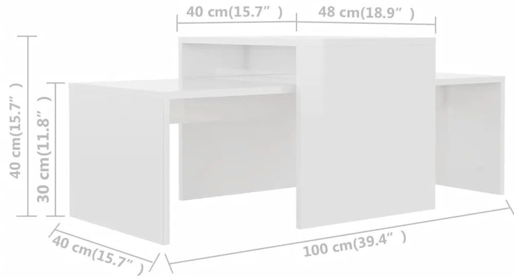 Σετ Τραπεζάκια Σαλονιού Γυαλ. Λευκό 100x48x40 εκ. Επεξ. Ξύλο - Λευκό