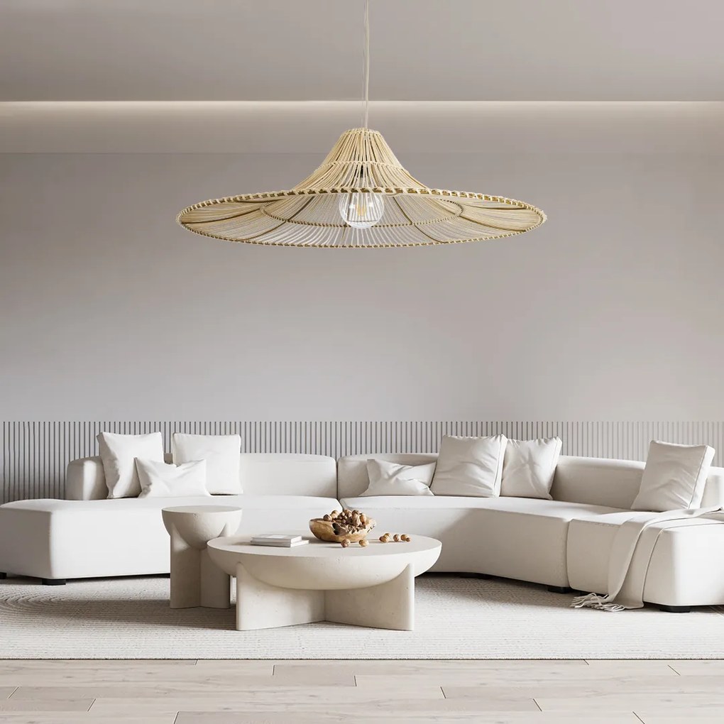 GloboStar PALERMO 02209 Boho Κρεμαστό Φωτιστικό Οροφής Μονόφωτο 1 x E27 AC220-240V IP20 - Φ100 x Υ30cm - Μπεζ Ξύλινο Μπαμπού Πλέγμα - 5 Χρόνια Εγγύηση - 02209