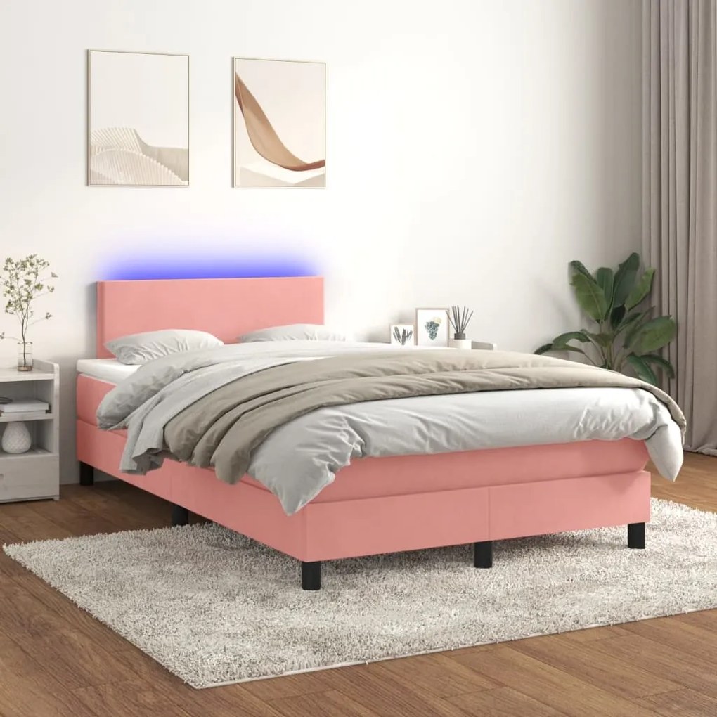 vidaXL Κρεβάτι Boxspring με Στρώμα &amp; LED Ροζ 120x200 εκ. Βελούδινο