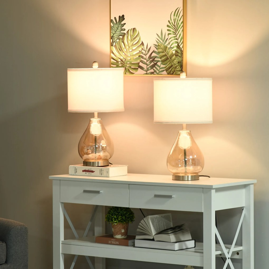 HOMCOM Σετ 2 Τραπεζάκια Λάμπες Επιτραπέζιες Λάμπες Υποδοχή E27 40 W Γυαλί Λινό Μέταλλο Κεχριμπάρι Ø30 x 56Υ cm