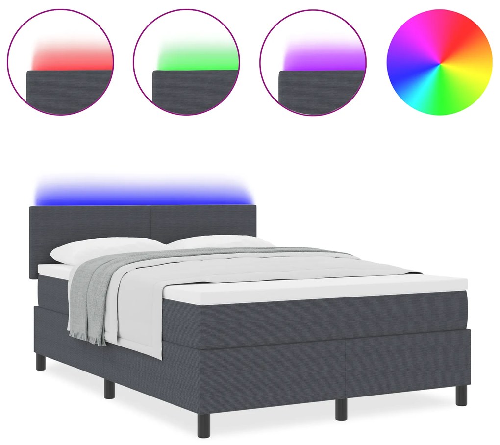vidaXL Κρεβάτι με βάθρο με στρώμα&LED Σκοτεινό Γκρι 160x200 εκ. Ύφασμα Κόρντερ