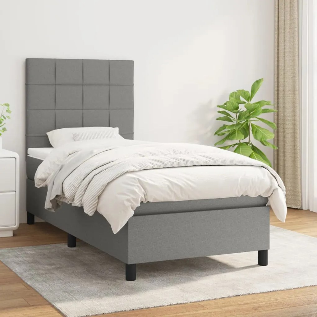 Κρεβάτι Boxspring με Στρώμα Σκούρο Γκρι 90x190 εκ. Υφασμάτινο - Γκρι