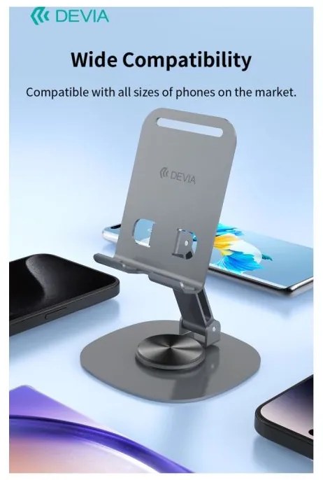 Devia folding holder stand EL243 for phone tablet rotating 360 gray metal