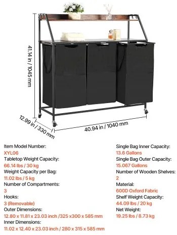 VEVOR 2 Tiers Laundry Sorter Tall Laundry Hamper with Wheels and Hooks 3 Section