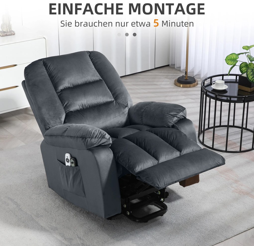 HOMCOM Πολυθρόνα μασάζ με υποβοήθηση ανύψωσης για ηλικιωμένους, 8 σημεία μασάζ, 2 πλαϊνές τσέπες, 85 cm x 94 cm x 107cm, γκρι