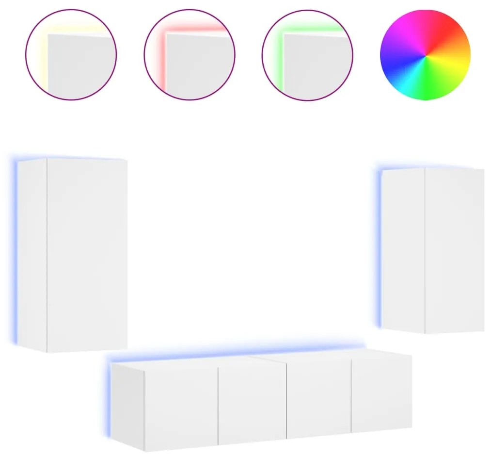 vidaXL Έπιπλα Τοίχου Τηλεόρασης 4 τεμ LED Λευκά από Επεξεργασμένο Ξύλο