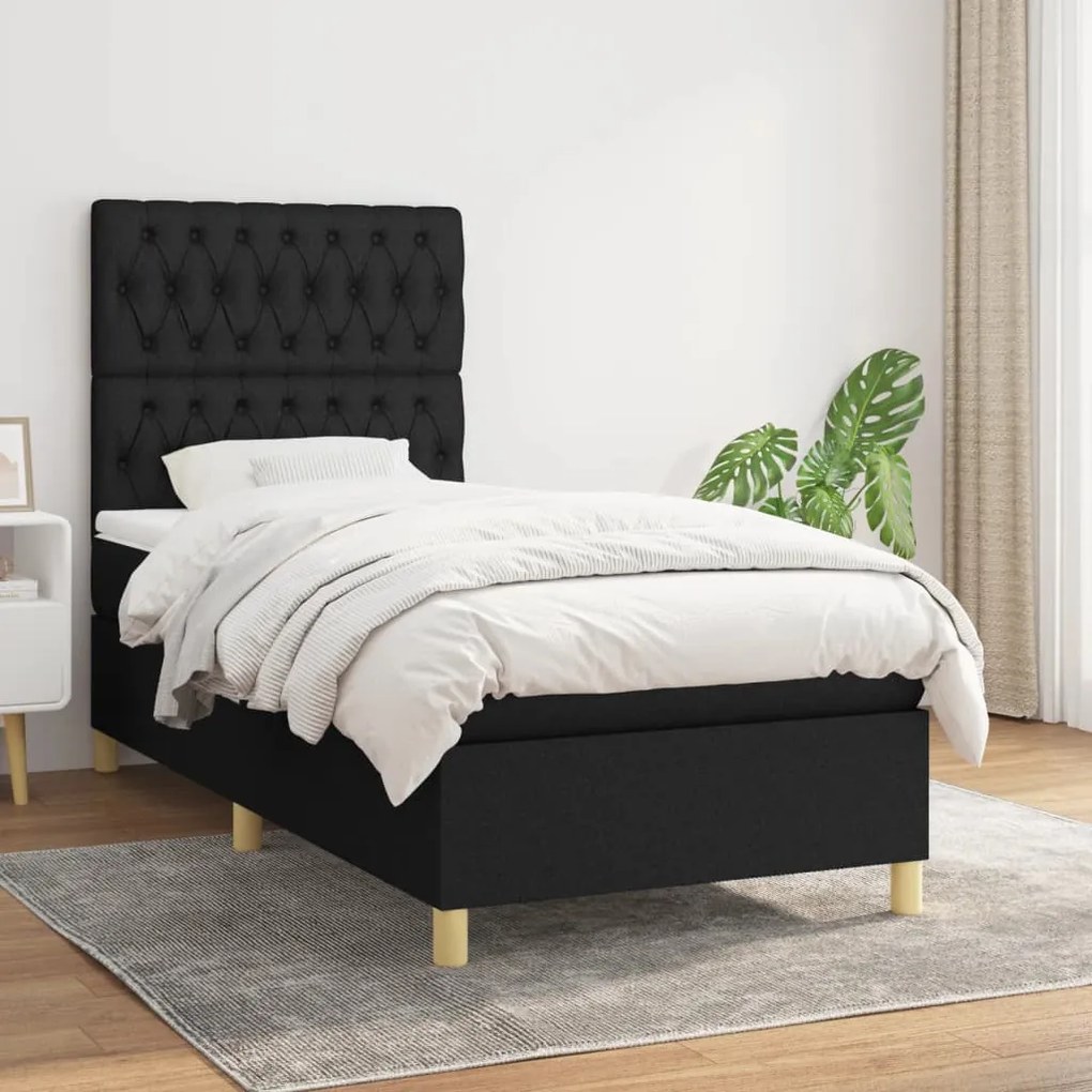 vidaXL Κρεβάτι Boxspring με Στρώμα Μαύρο 90x200 εκ. Υφασμάτινο